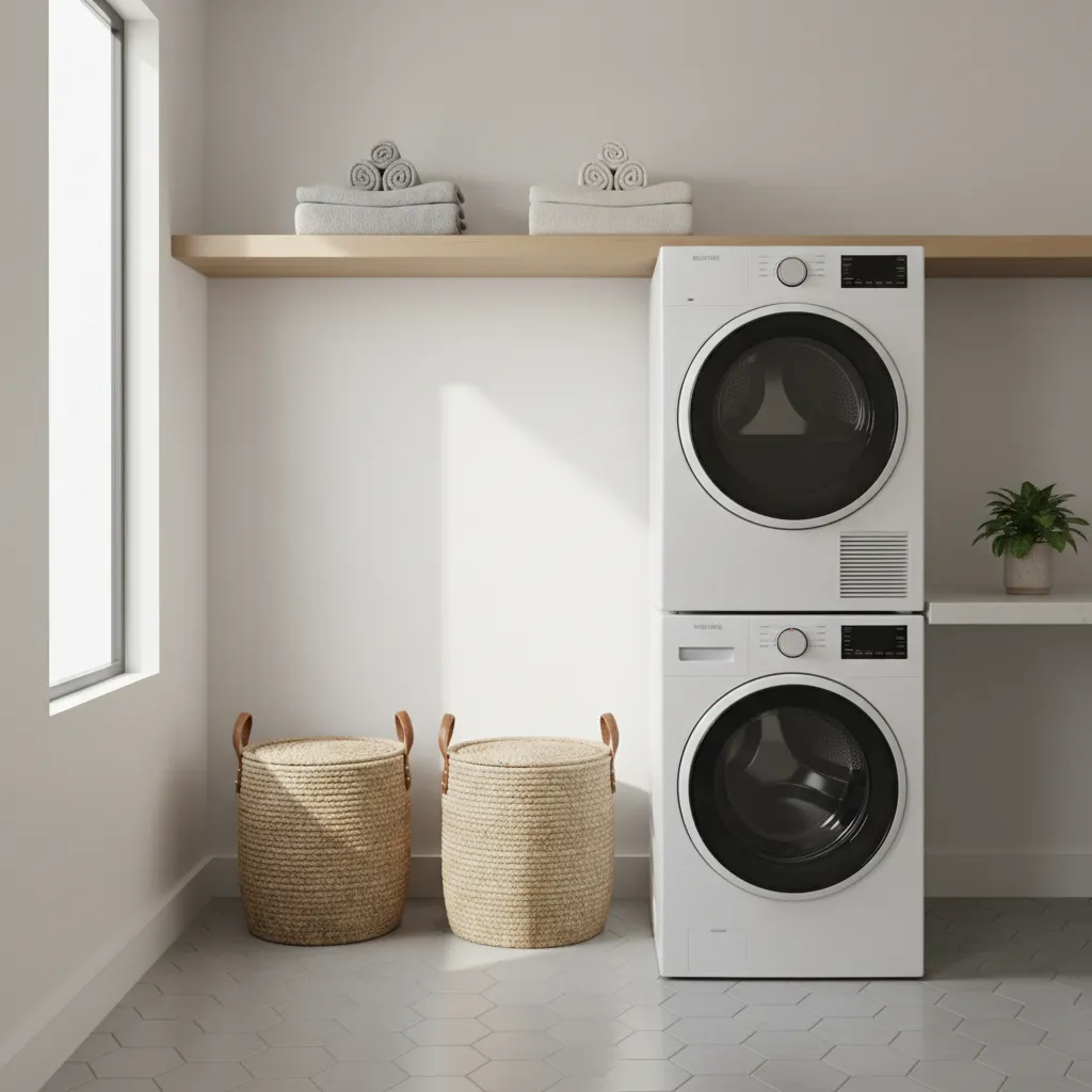 modern laundry room with stacked towels and lint areas where textile pests may appear