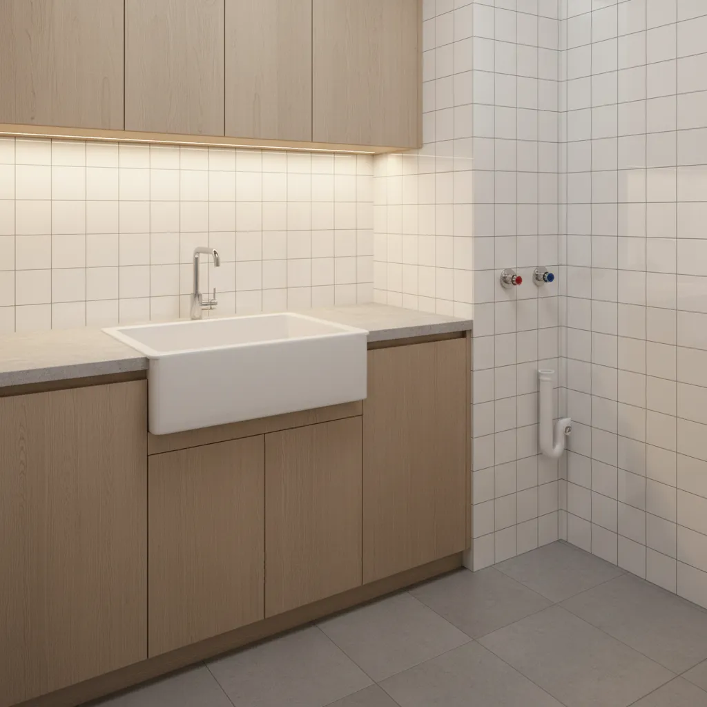 Porcelain tile backsplash behind laundry sink and washer