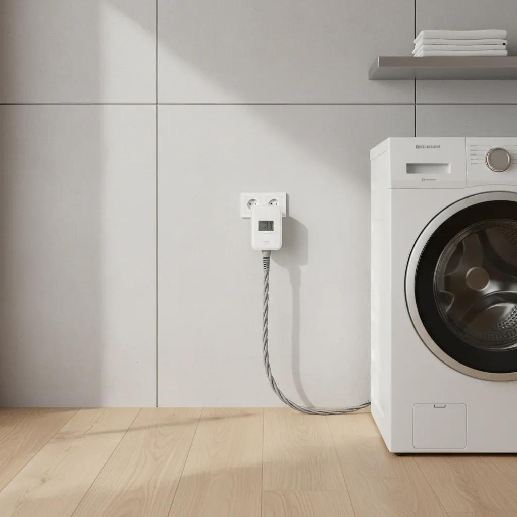 Laundry room outlet timer connected to washing machine plug