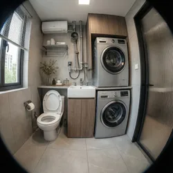 Compact grey bathroom design with a toilet a small sink and stacked silver washing machines