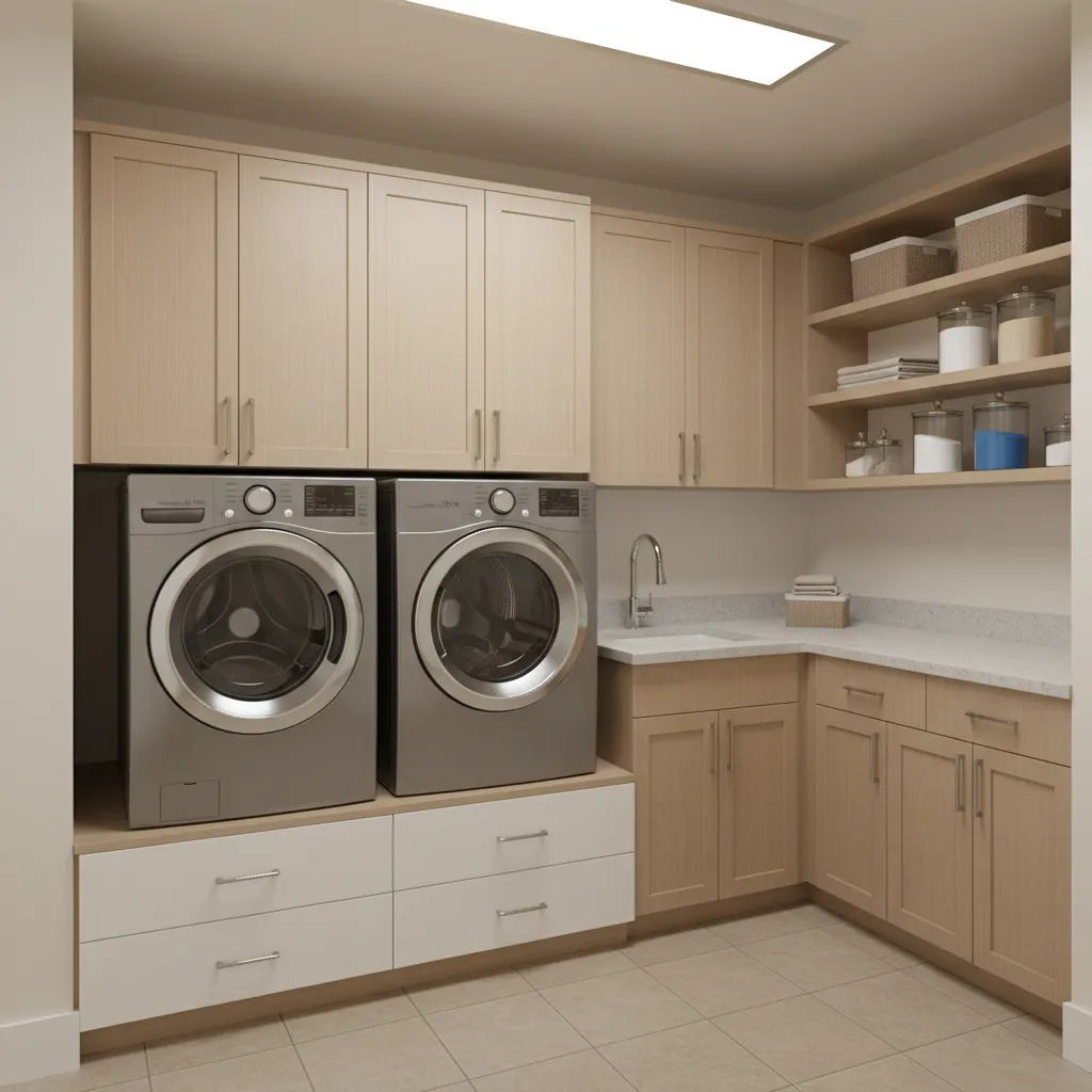 Modern laundry room with silver washer and dryer under light wood cabinets and small sink