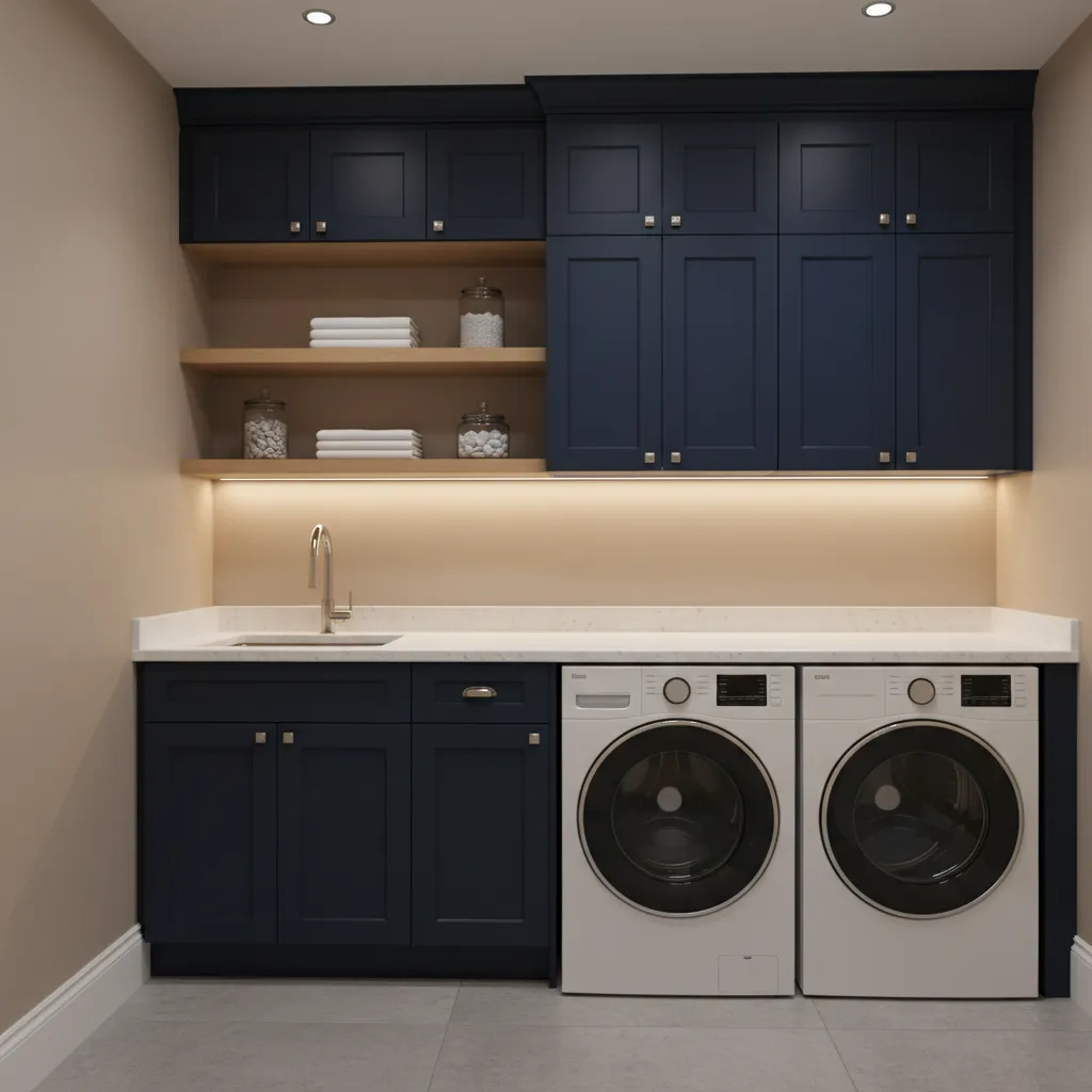 Under cabinet LED lighting illuminating blue laundry cabinets and countertop