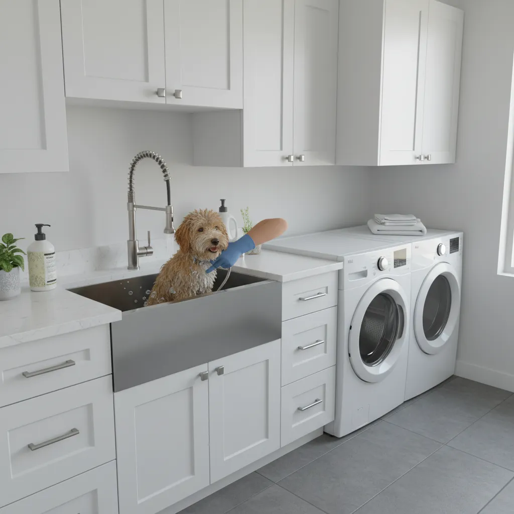 Brown dog getting washed in a large stainless steel sink within a white laundry room