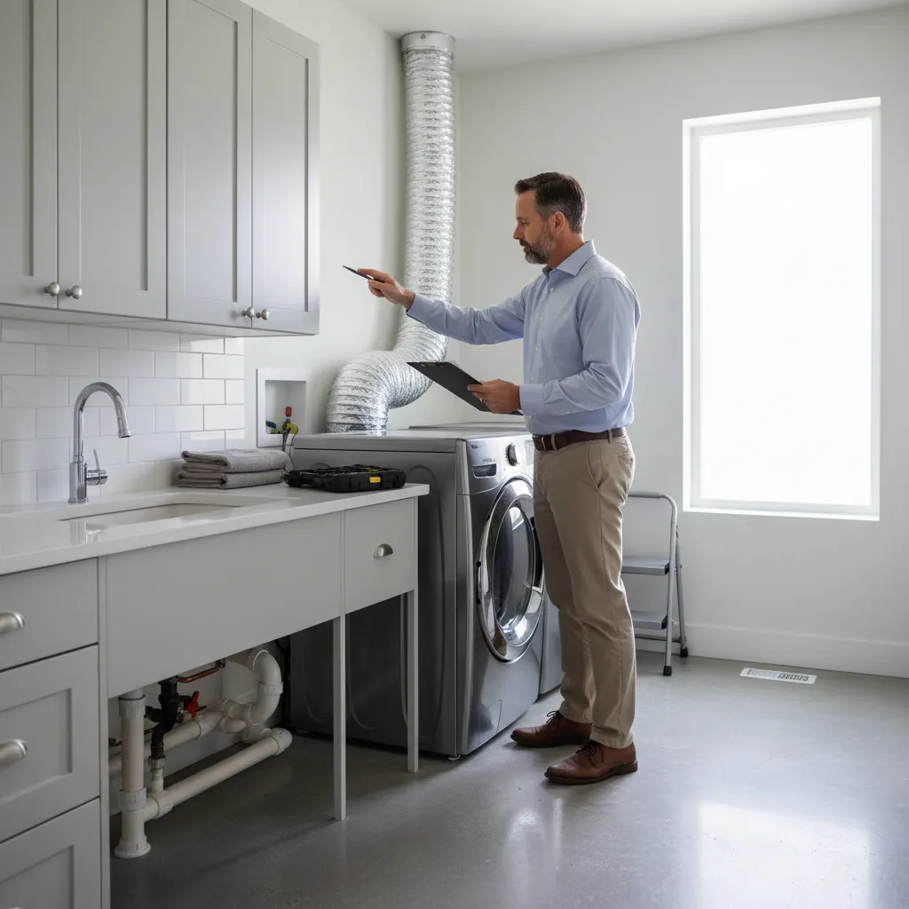 home inspector examining laundry room plumbing vents and dryer duct