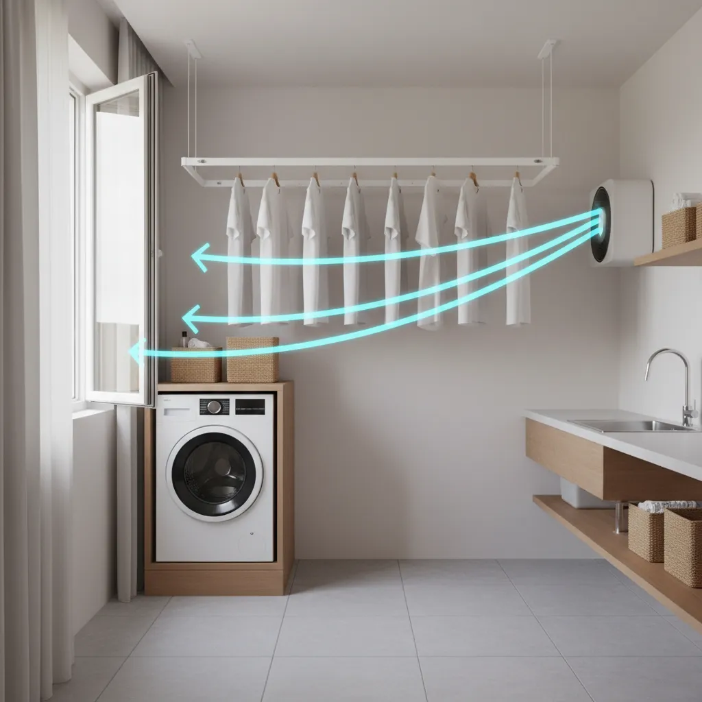 Laundry room layout showing airflow ventilation around indoor clothesline