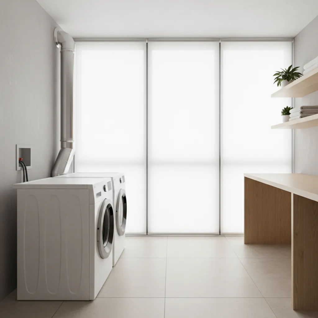 modern laundry room showing dryer ventilation duct and wall exhaust vent