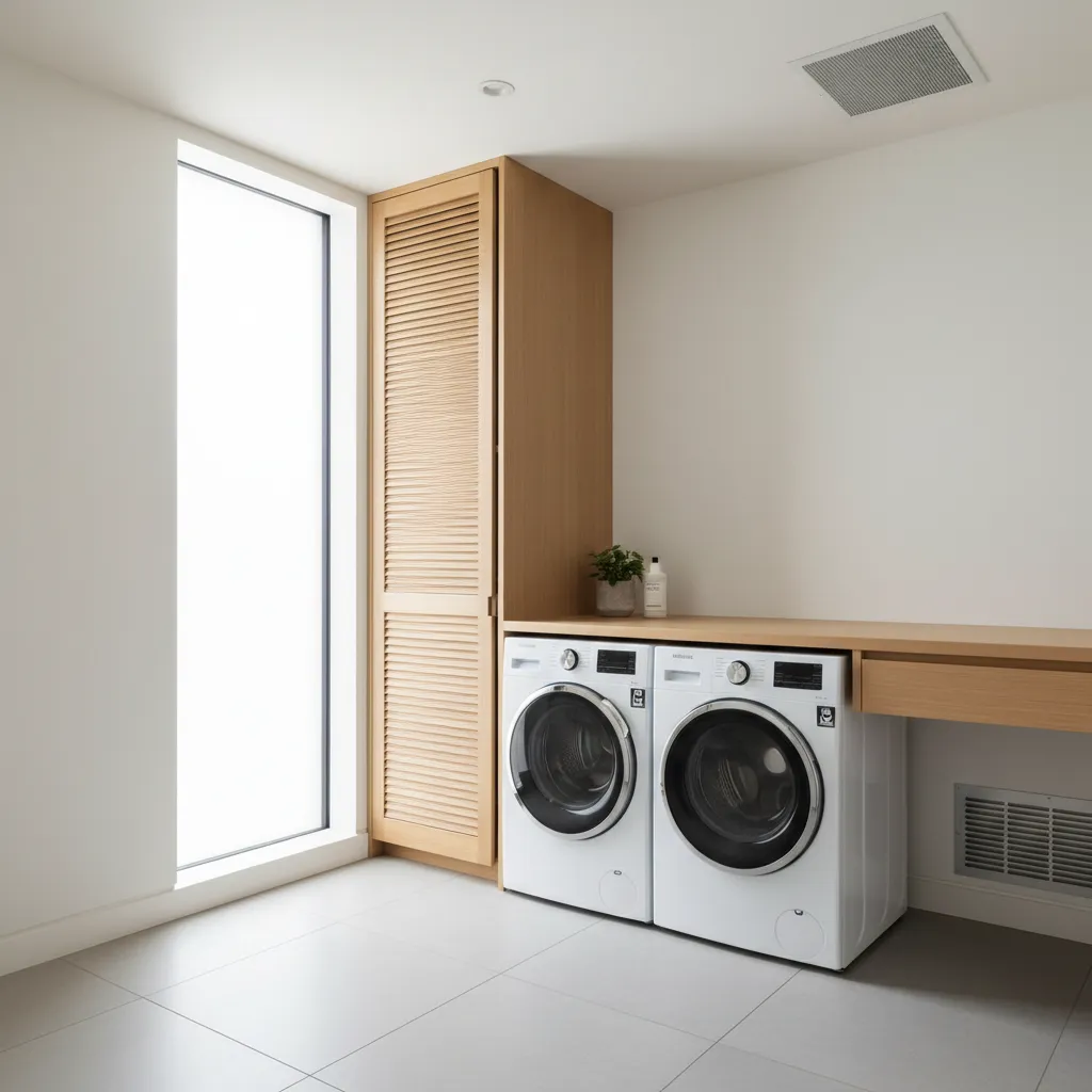 Laundry room with exhaust fan ventilation and improved airflow layout
