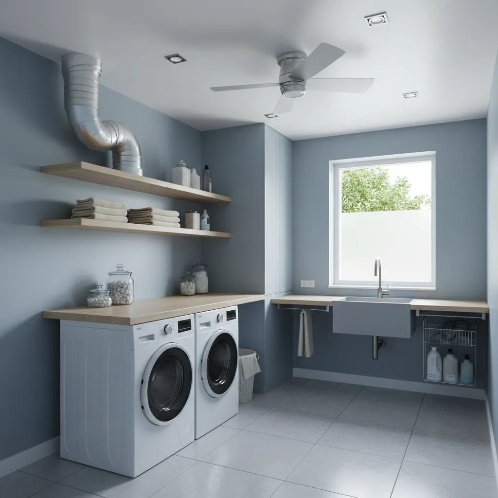 Laundry room showing ventilation fan and dryer vent system