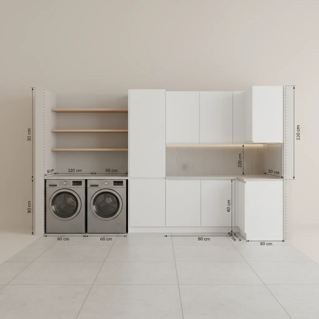 Laundry room wall showing cabinet height and vertical measurement zones