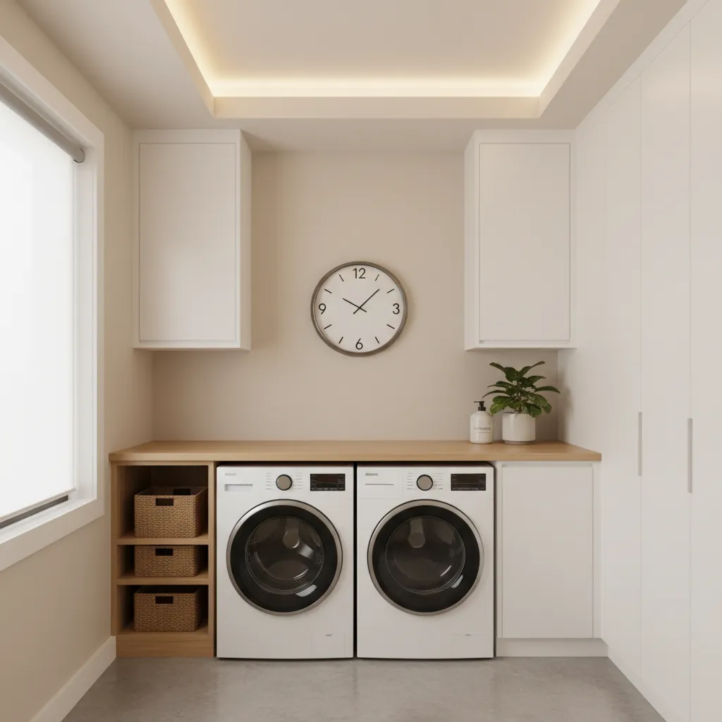 Laundry room wall clock positioned above washer and dryer for visibility
