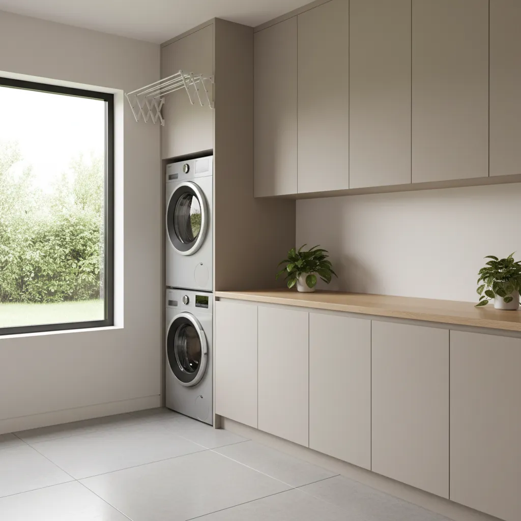 Well organized laundry room with installed wall mounted accordion drying rack
