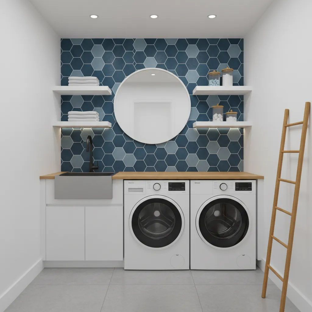 Laundry room with blue wallpaper accent wall behind washer and dryer