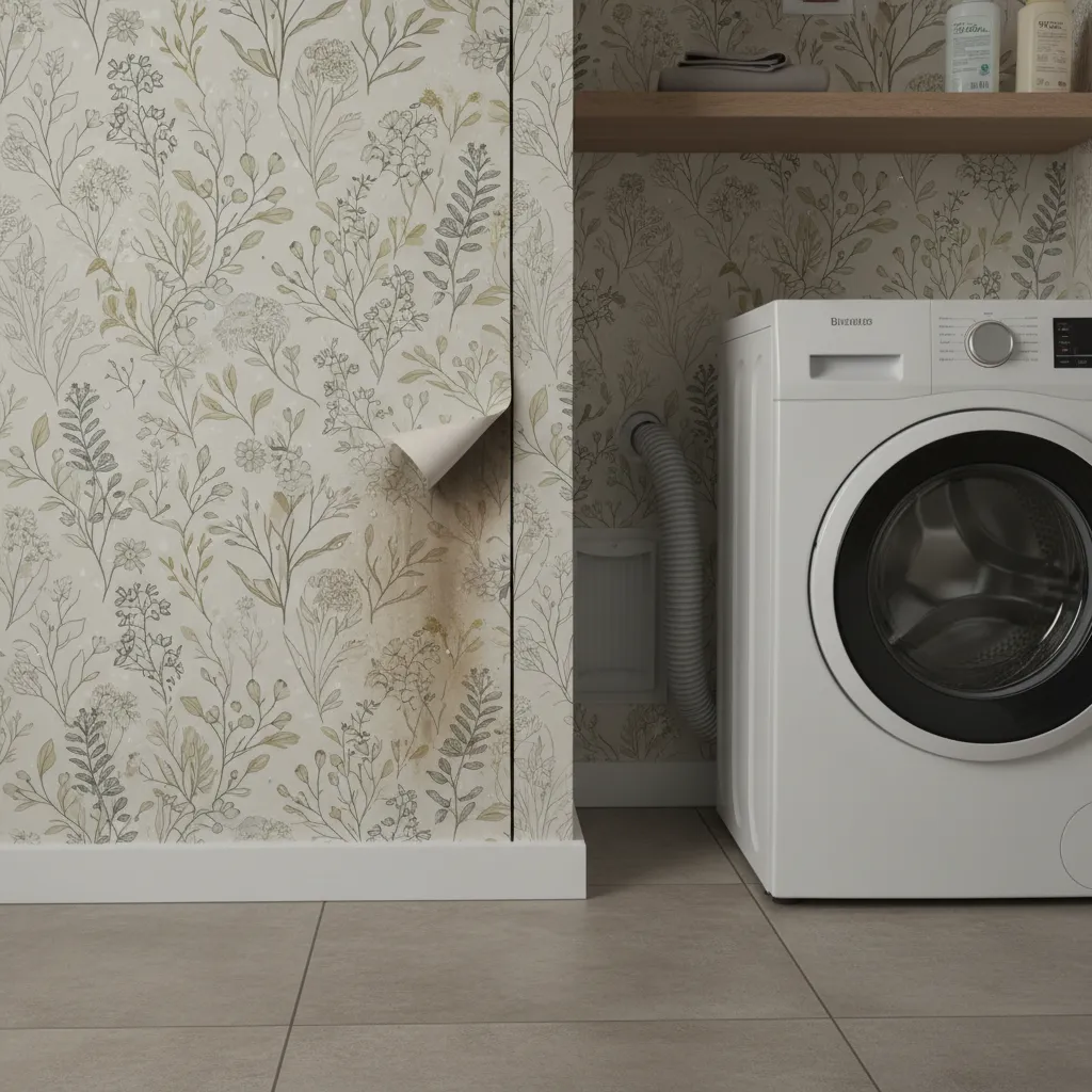 Wallpaper seam peeling in humid laundry room corner