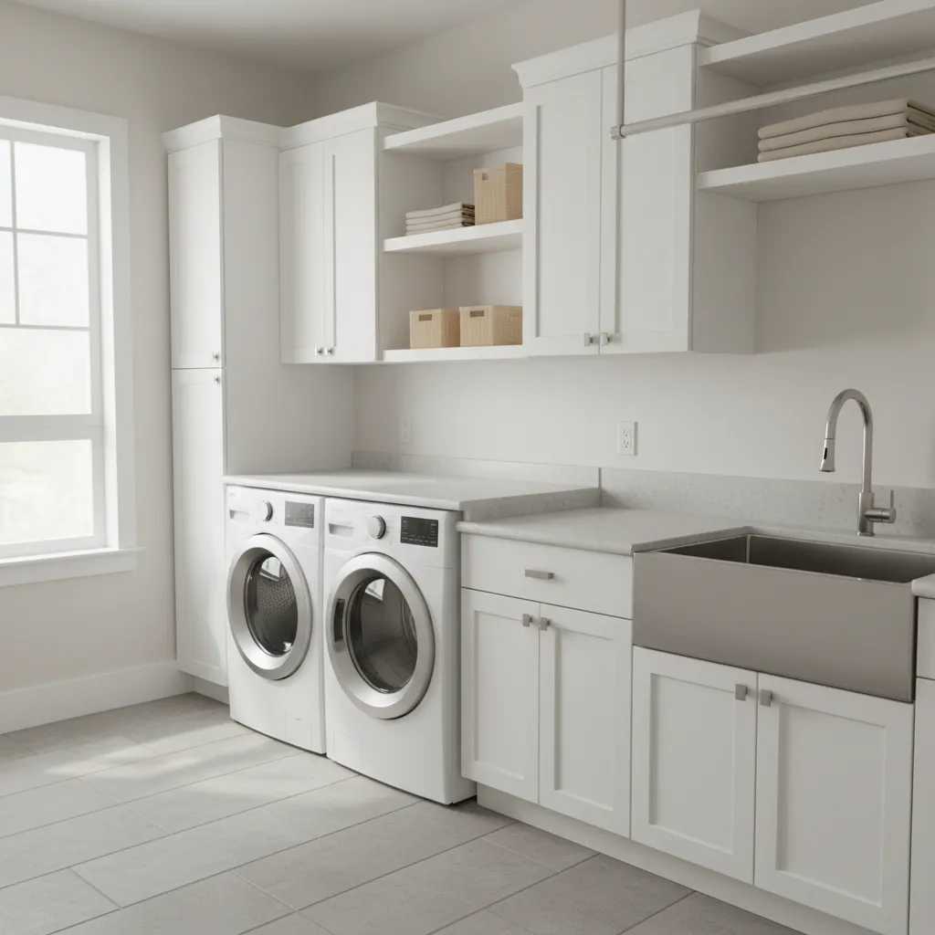 Laundry room with washer dryer and visible electrical outlets arranged safely