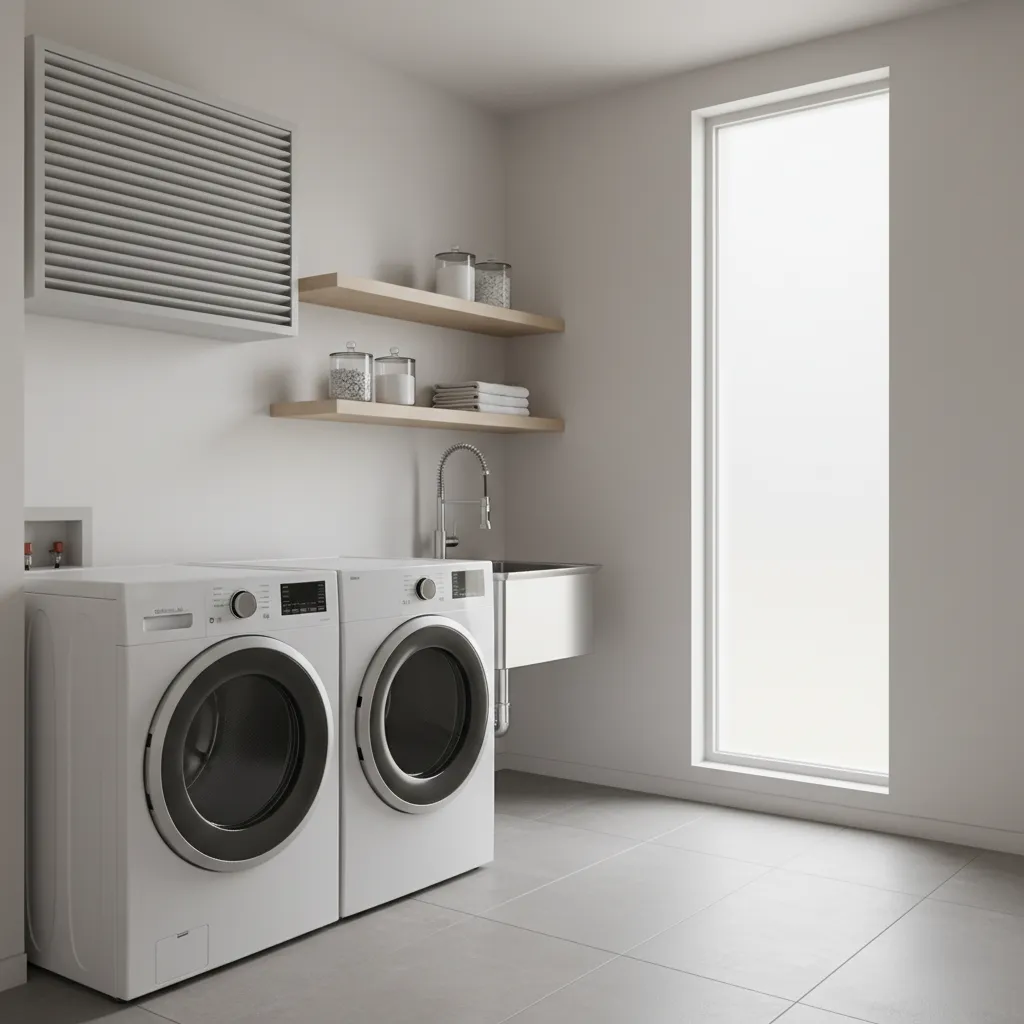 laundry room layout with washer dryer and nearby air vent