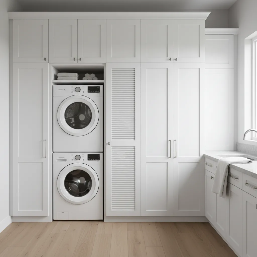 Laundry room cabinetry system with hidden water heater compartment