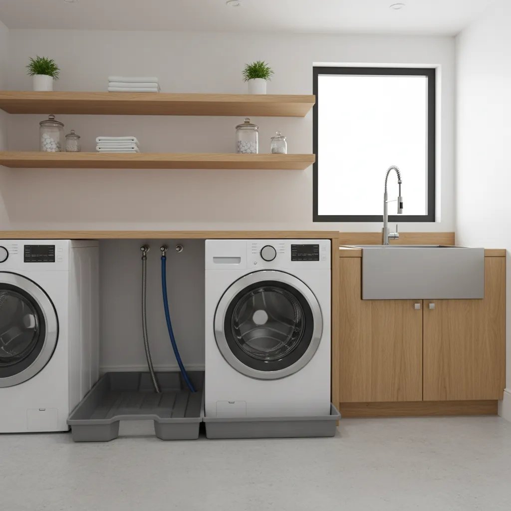 washing machine drip tray protecting painted laundry room floor