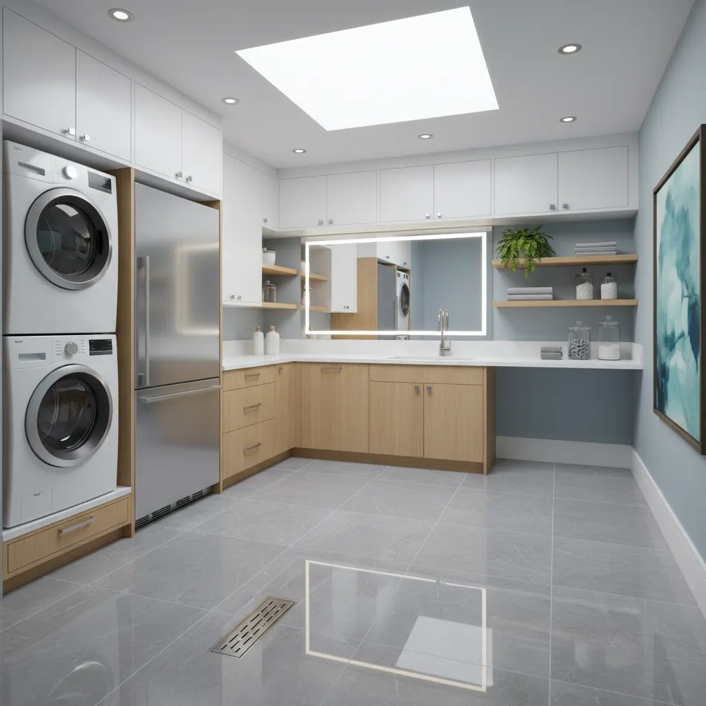 Laundry room floor drain and waterproof tile flooring