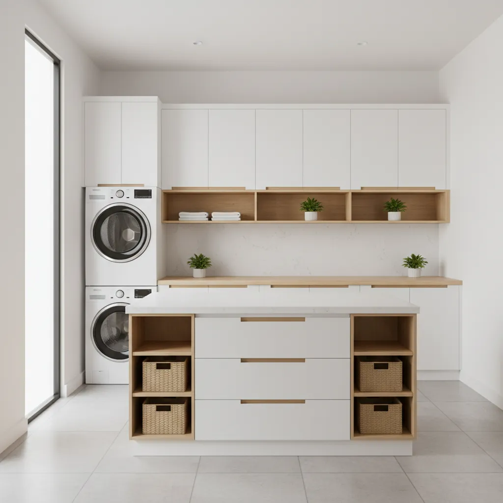 spacious laundry room with washer dryer wall and center island workspace