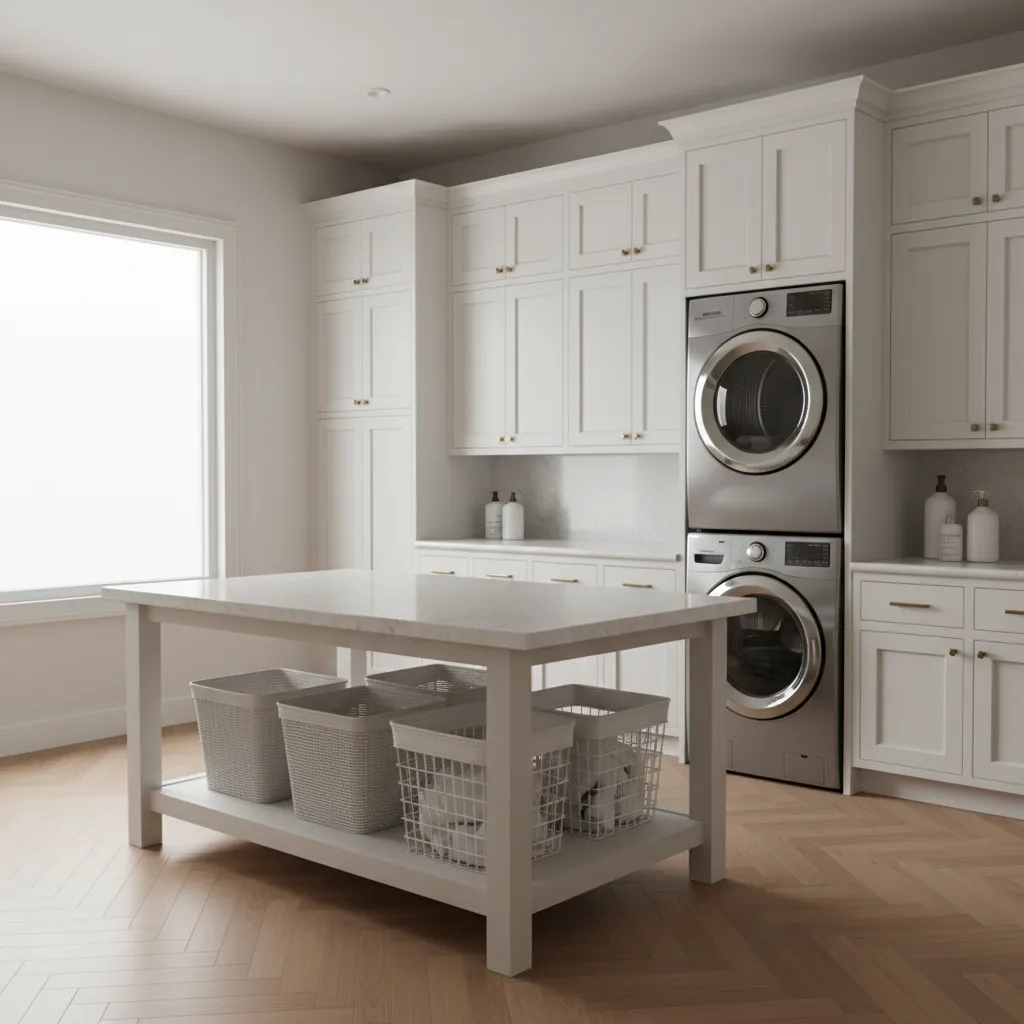 Spacious laundry room with central folding island and surrounding cabinets