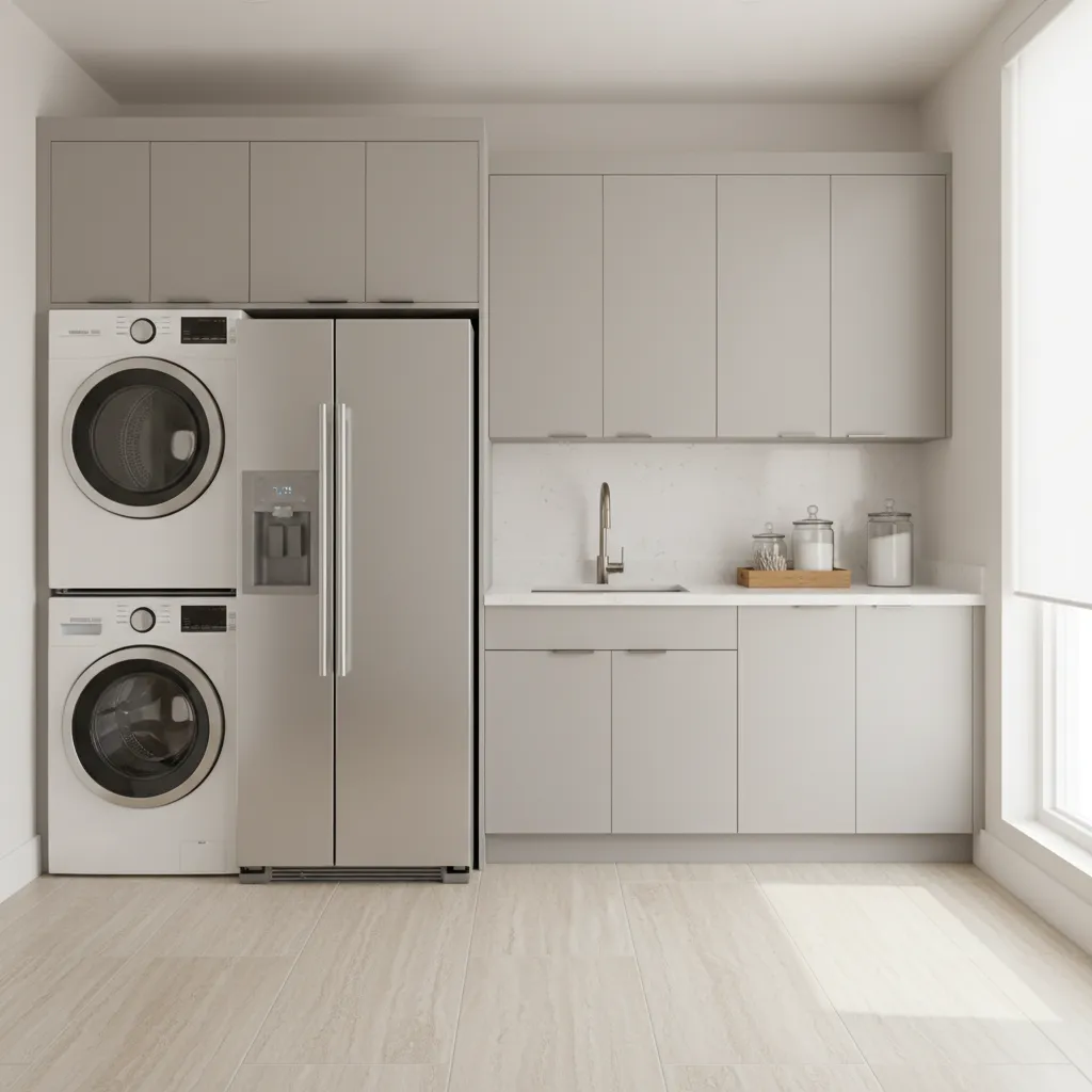 Laundry room layout with refrigerator next to washer and dryer