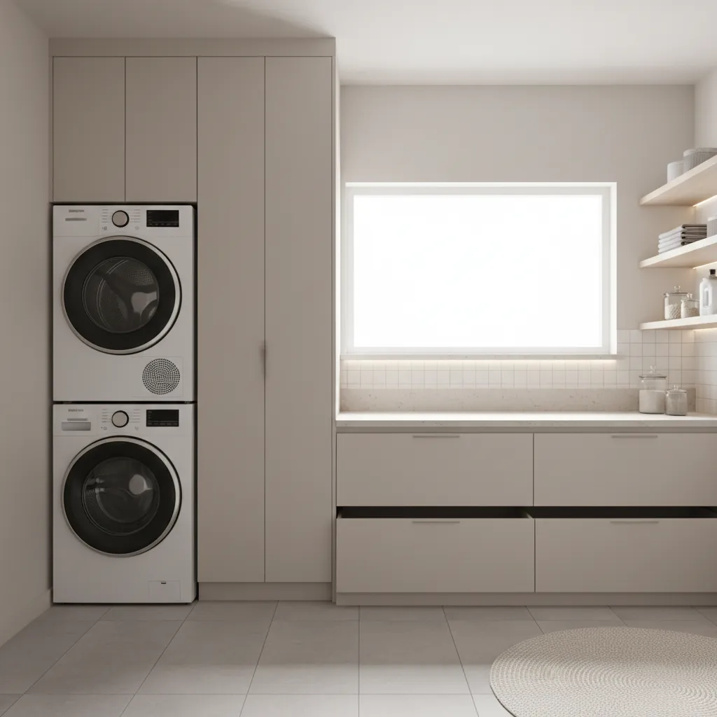 laundry room design integrating washer dryer and concealed water heater