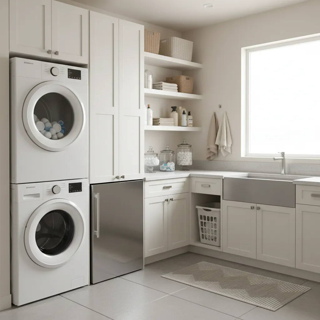 Laundry room with washer dryer cabinets and compact refrigerator for beverage storage