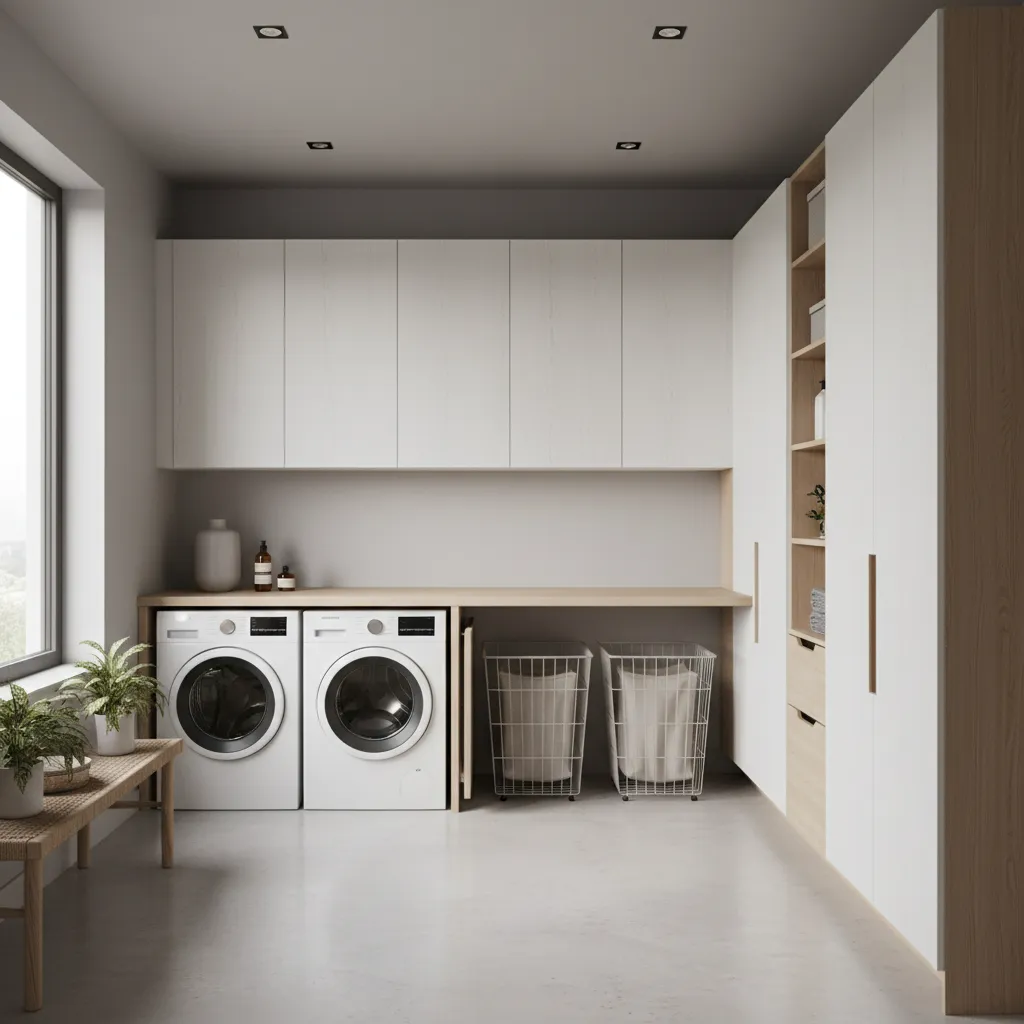 Well planned laundry room layout with washer dryer folding counter and organized workflow zones