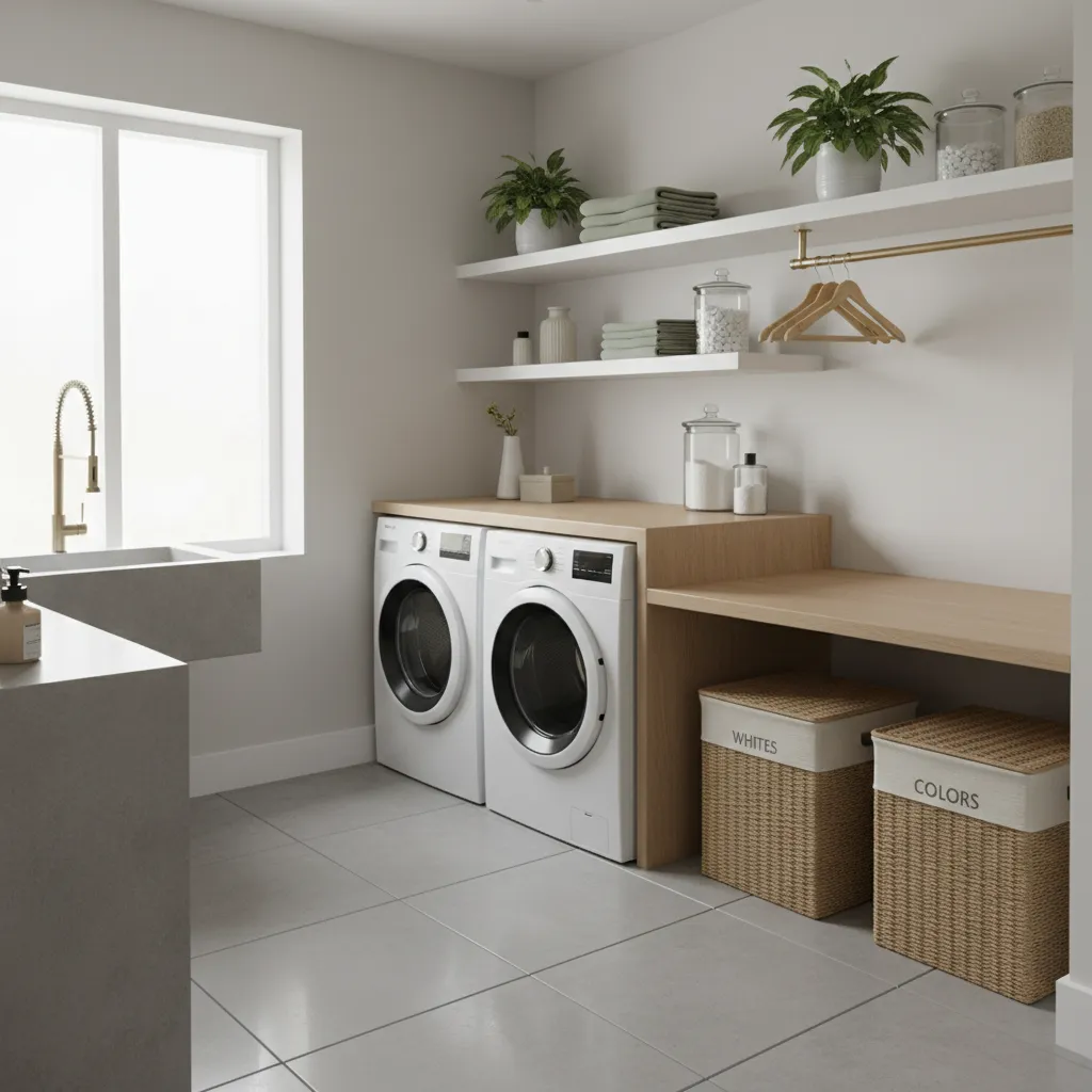 Laundry room workflow layout with washer dryer and folding counter