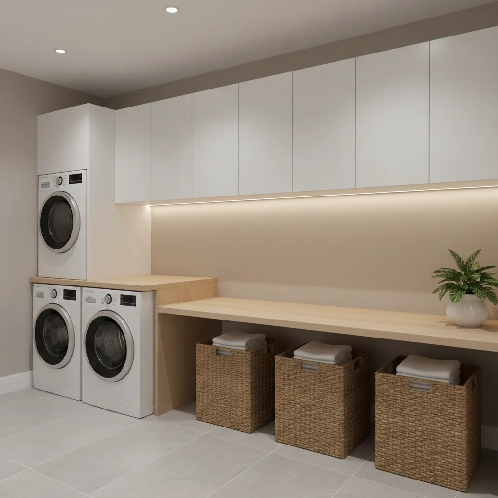 Laundry room layout showing washer dryer folding counter workflow