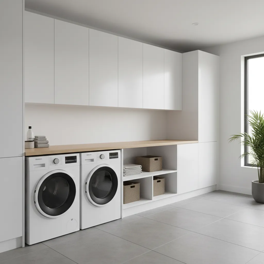 Laundry room showing washer dryer folding station and storage in a straight workflow layout