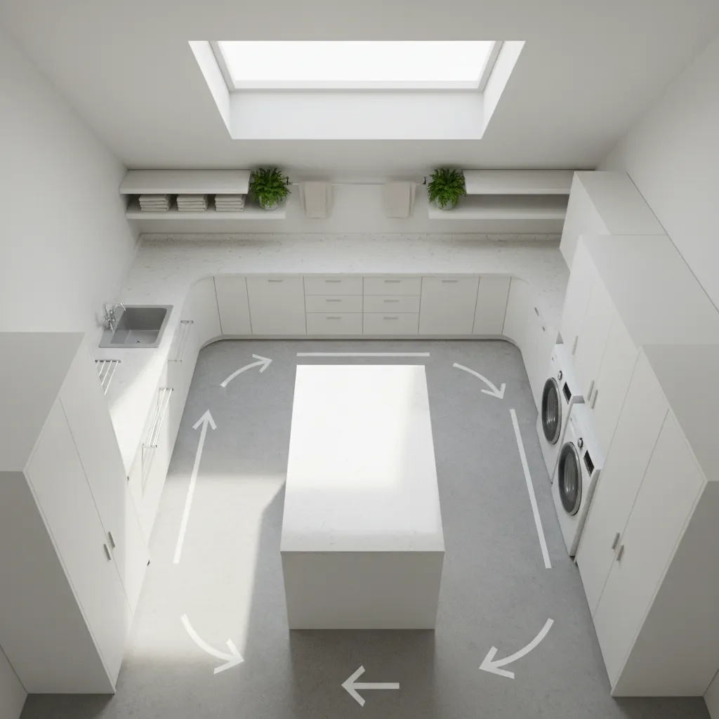 Laundry room workflow paths around island and peninsula layout