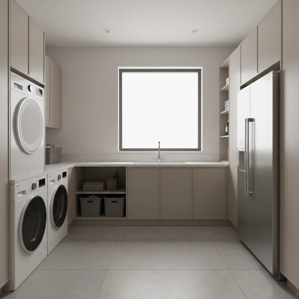 Laundry room showing washer dryer folding counter and refrigerator zones