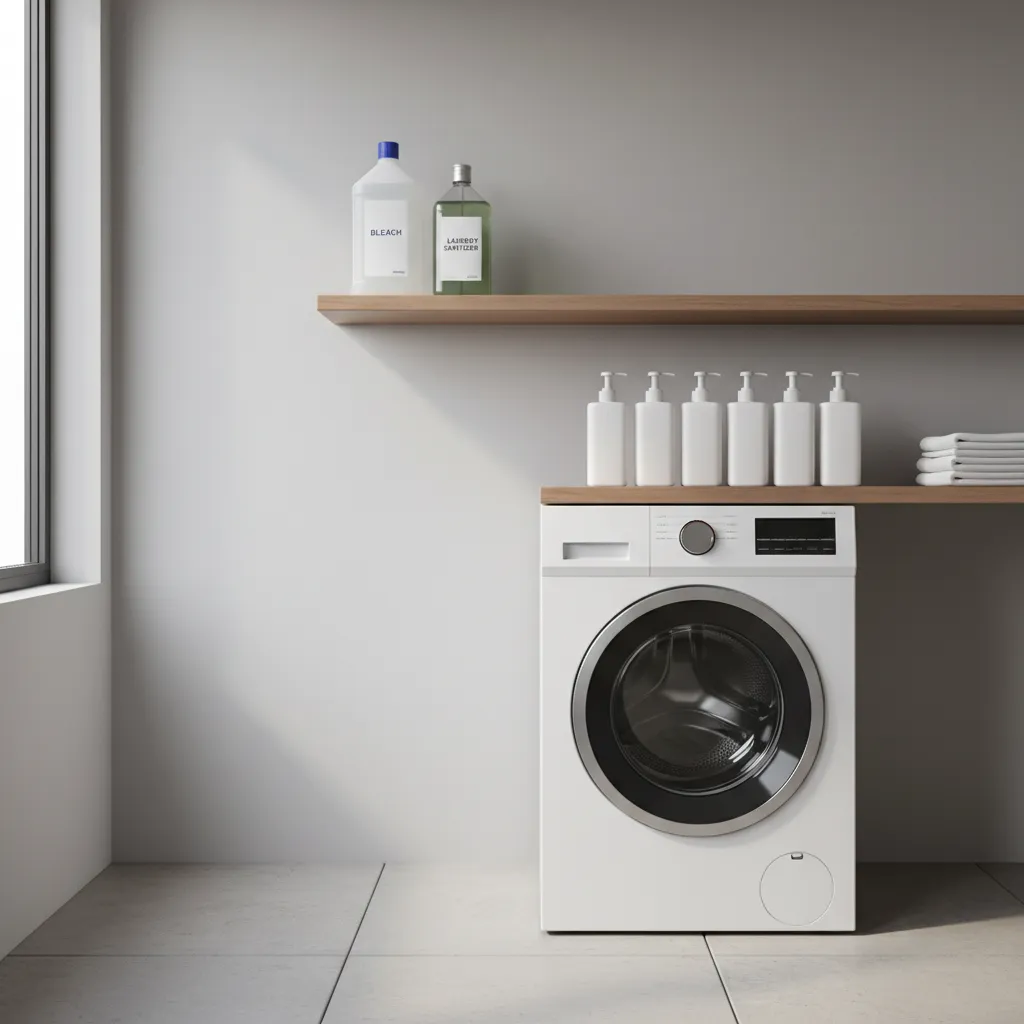 laundry bleach and sanitizer bottles placed near washing machine for fabric disinfection