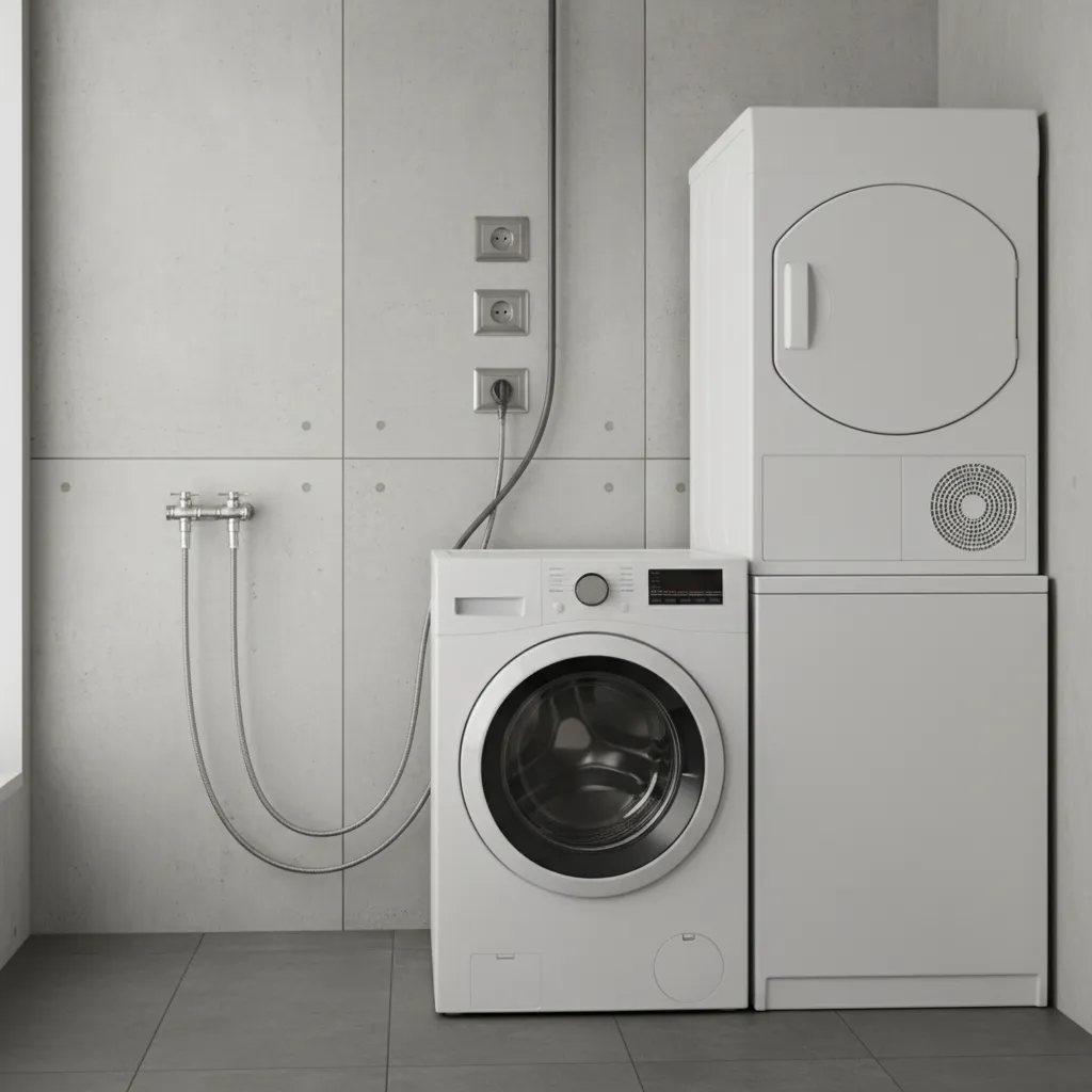 Laundry wall showing organized plumbing and electrical access column