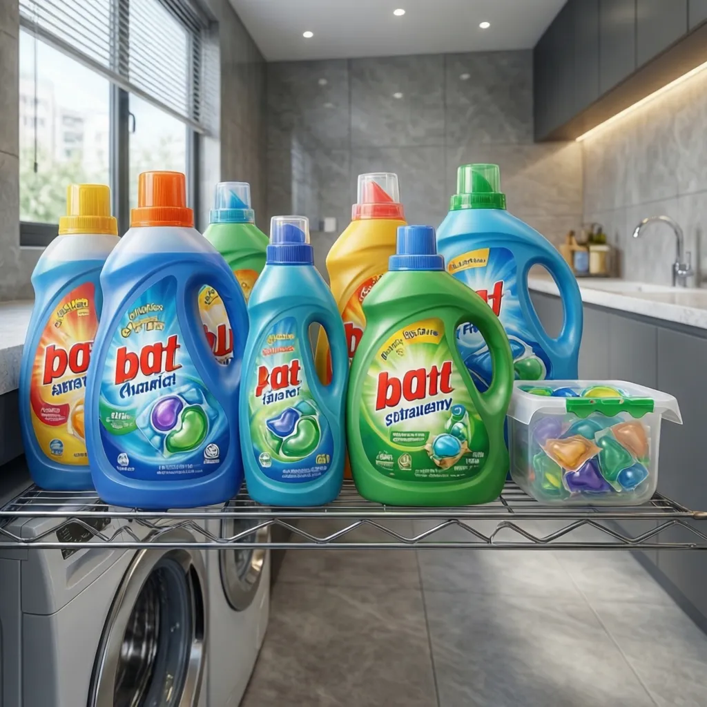 Laundry products arranged on shallow shelf showing depth requirements