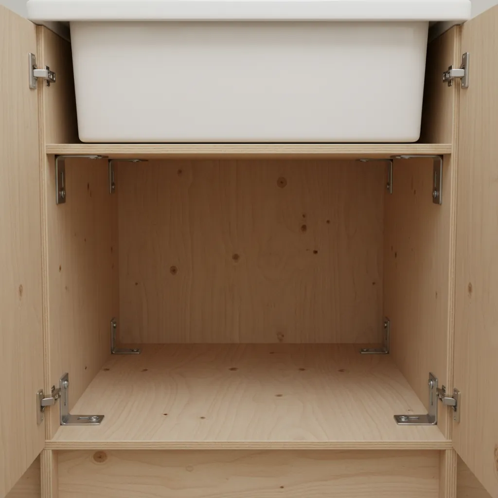 Laundry cabinet reinforced with brackets and plywood for ceramic sink weight