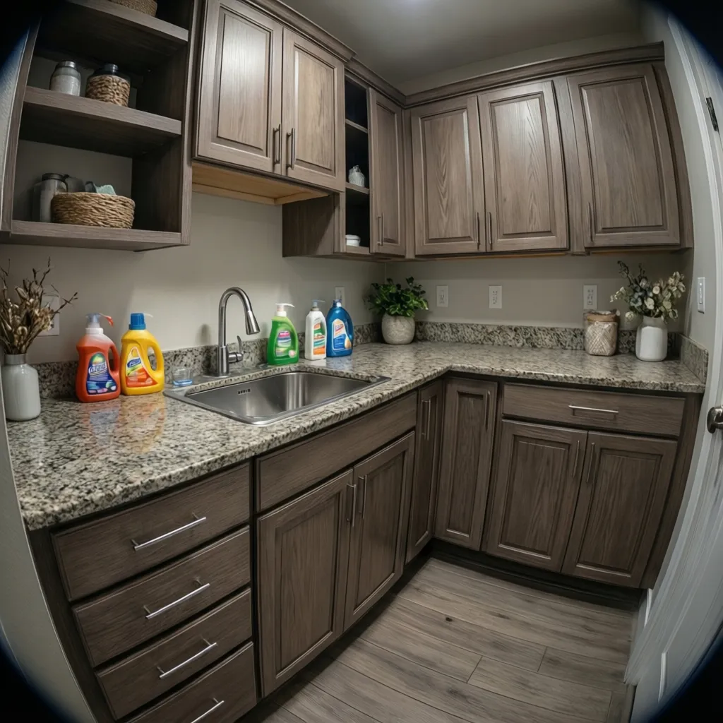 Corner laundry room layout featuring dark wood cabinets granite countertops and a small silver sink