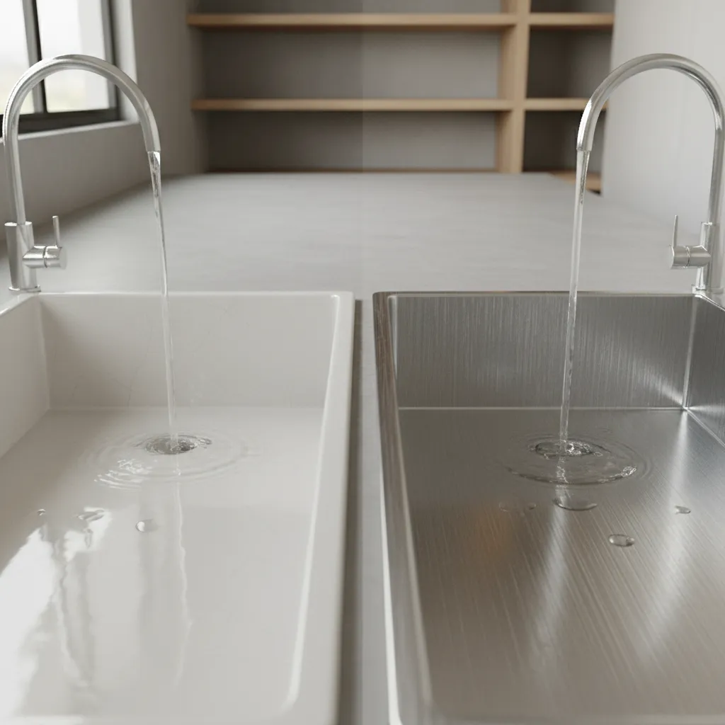 Comparison of ceramic and stainless steel sink surfaces showing cleaning differences
