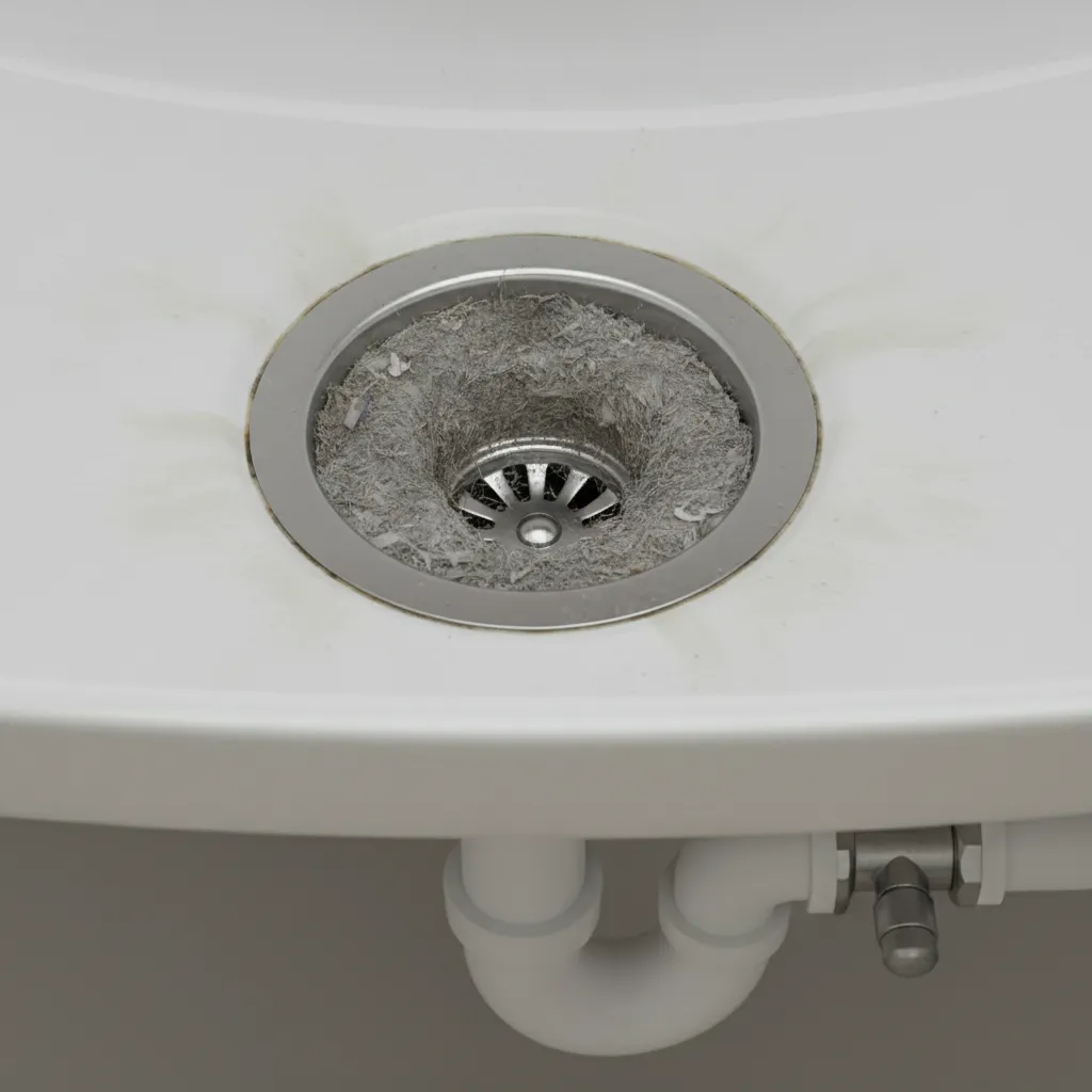 Utility sink drain showing lint buildup causing clog