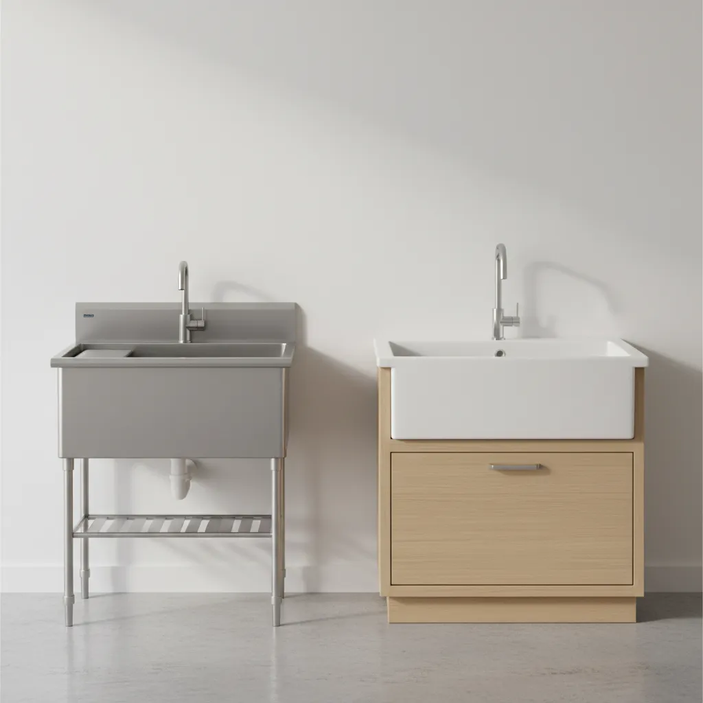 Different laundry sink installation styles including freestanding stainless steel and cabinet-mounted ceramic