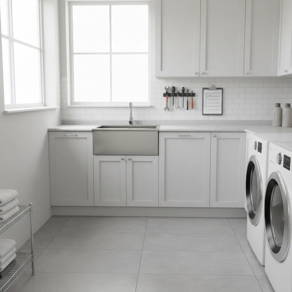 Modern laundry room with white cabinets metal sink washing machines and maintenance checklist on wall