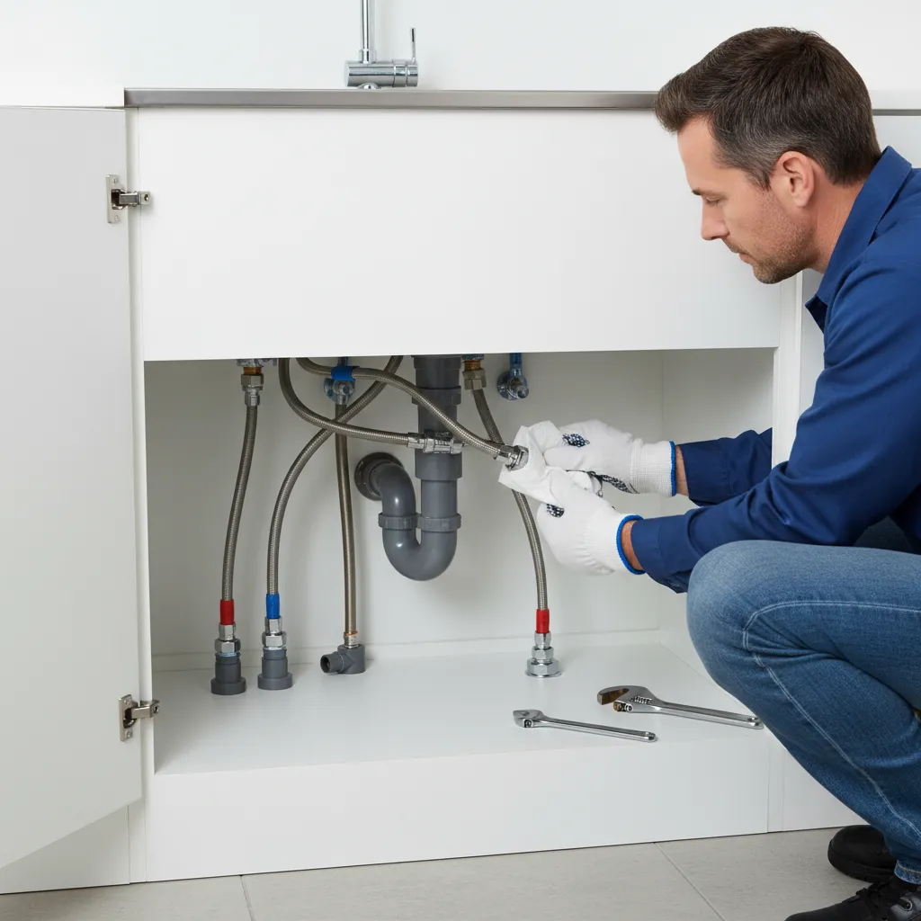 A man in blue shirt checks for leaks under a white laundry sink using a cloth