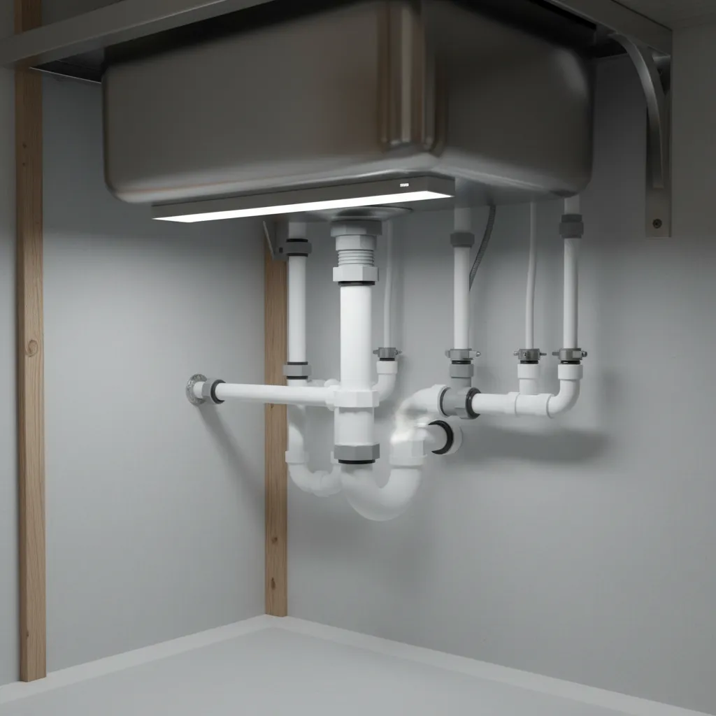 repairing plumbing under a laundry utility sink with visible P-trap pipes