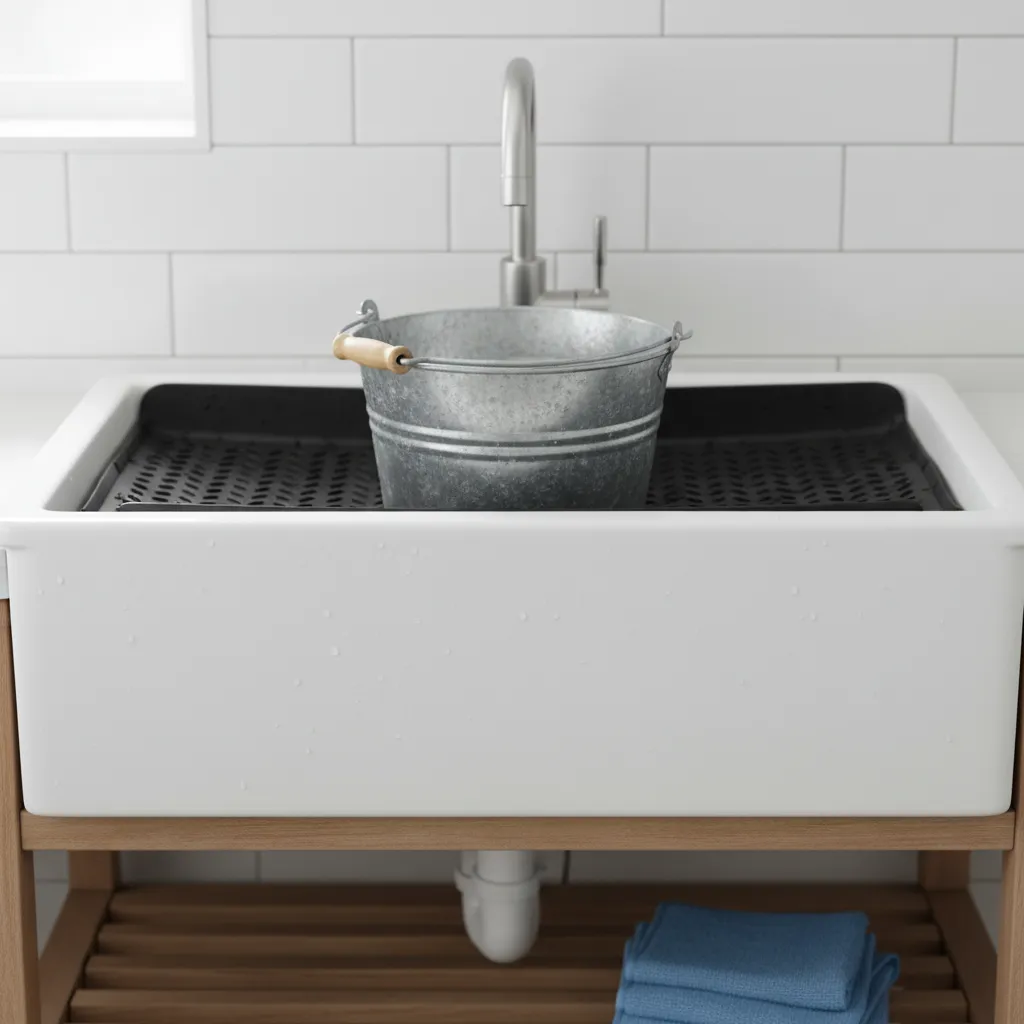 rubber mat protecting ceramic laundry sink from heavy buckets