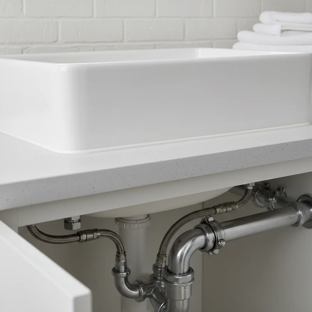 Close-up of waterproof sealing around ceramic laundry sink edge