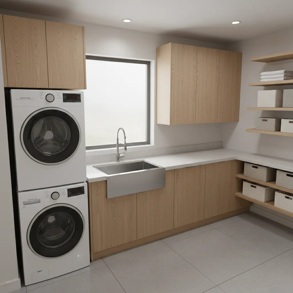 laundry room layout showing sink placement next to washer and storage