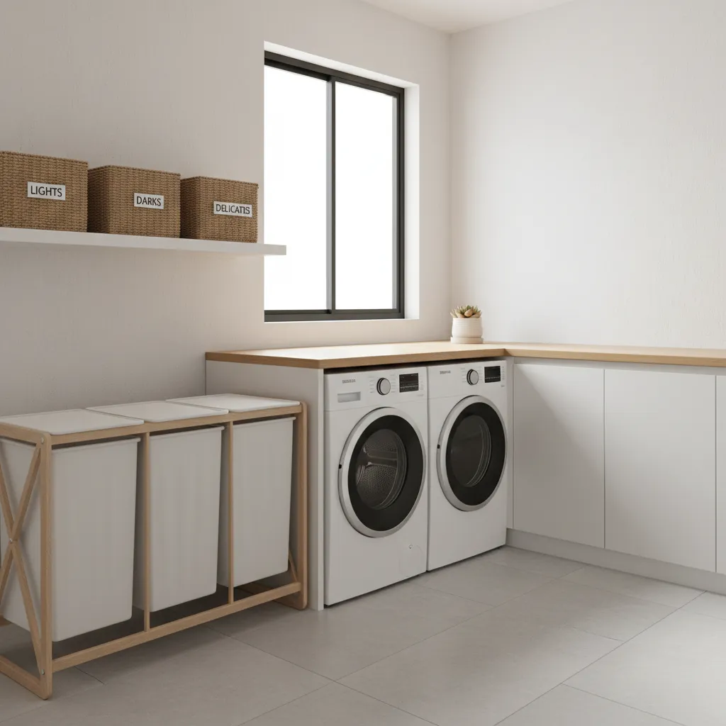 laundry room with multi compartment sorting hampers beside washer