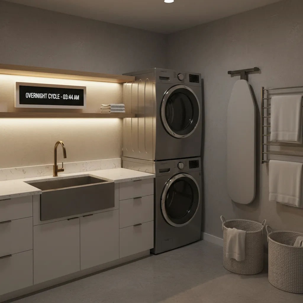 Laundry room showing scheduled timer automation concept at night