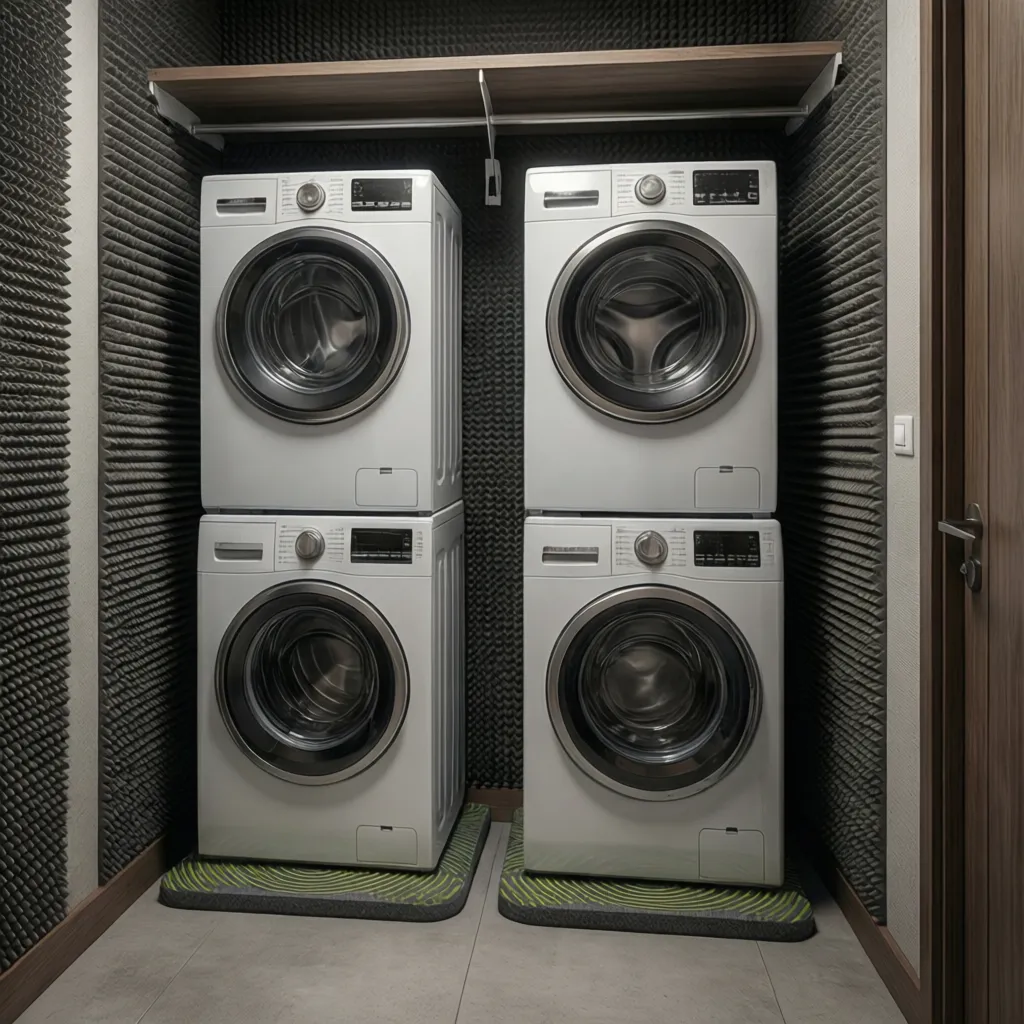 Stacked washer dryer installed with vibration isolation pads in apartment closet